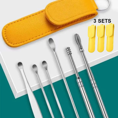Pack of 3 Sets Stainless Steel Ear Wax Removal Kit with PU Leather Case (6 Pcs per Set) – Portable Ear Cleaner Tool Kit