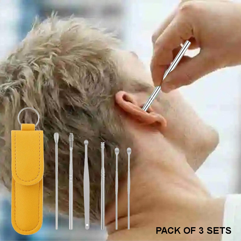 Pack of 3 Sets Stainless Steel Ear Wax Removal Kit with PU Leather Case (6 Pcs per Set) – Portable Ear Cleaner Tool Kit