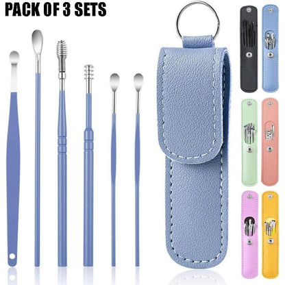 Pack of 3 Sets Stainless Steel Ear Wax Removal Kit with PU Leather Case (6 Pcs per Set) – Portable Ear Cleaner Tool Kit