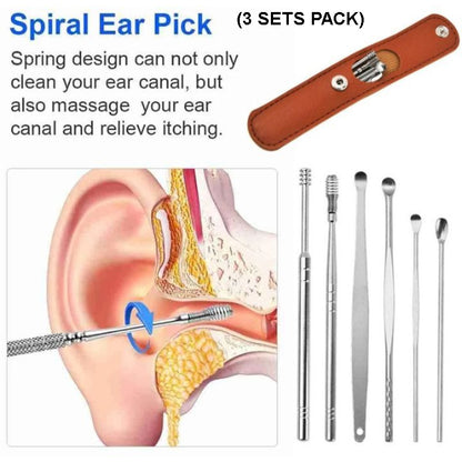 Pack of 3 Sets Stainless Steel Ear Wax Removal Kit with PU Leather Case (6 Pcs per Set) – Portable Ear Cleaner Tool Kit