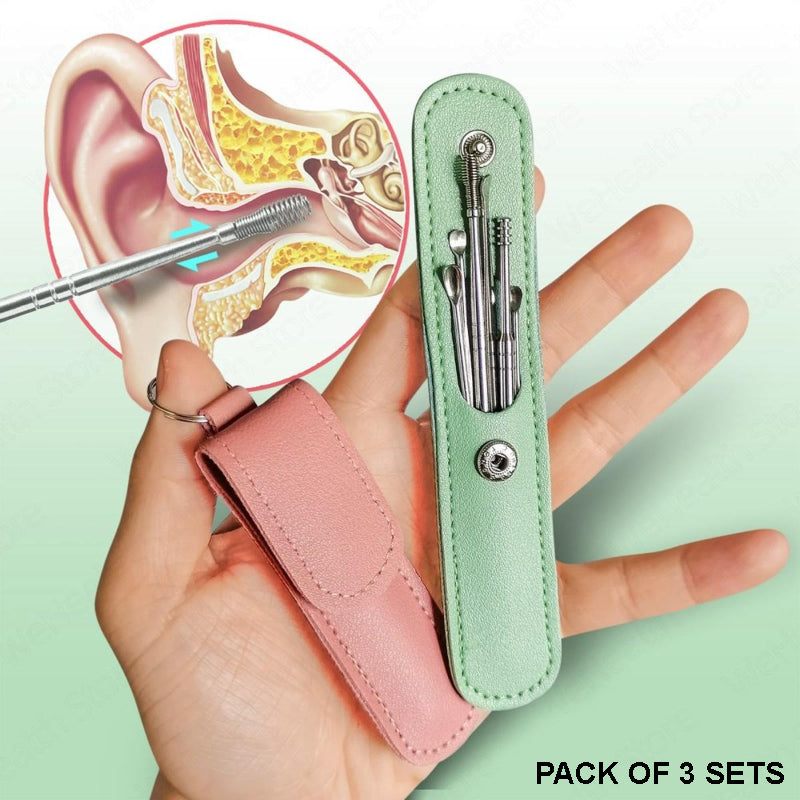 Pack of 3 Sets Stainless Steel Ear Wax Removal Kit with PU Leather Case (6 Pcs per Set) – Portable Ear Cleaner Tool Kit