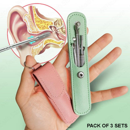 Pack of 3 Sets Stainless Steel Ear Wax Removal Kit with PU Leather Case (6 Pcs per Set) – Portable Ear Cleaner Tool Kit