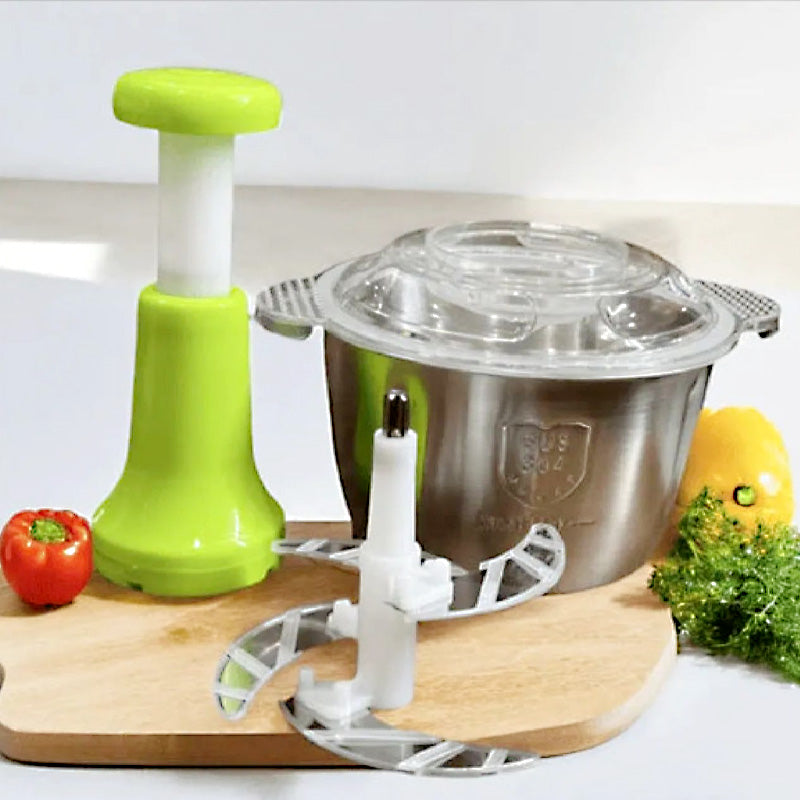 2L Stainless Steel Manual Food Chopper – Heavy-Duty Hand-Push Food Processor with 4 Curved Blades