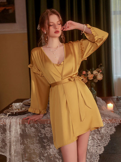 Sweet & Sexy Satin Lace Nightgown Robe Ruffle Edging Babydoll Nightdress Lingerie Set for Women